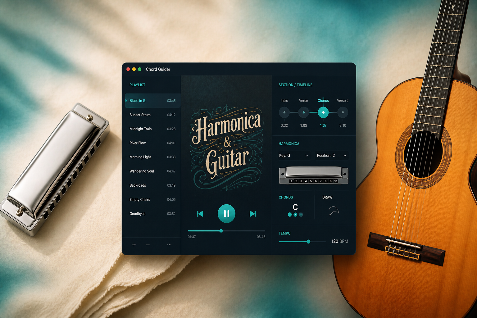 Harmonica and guitar beside the Chord Guide app