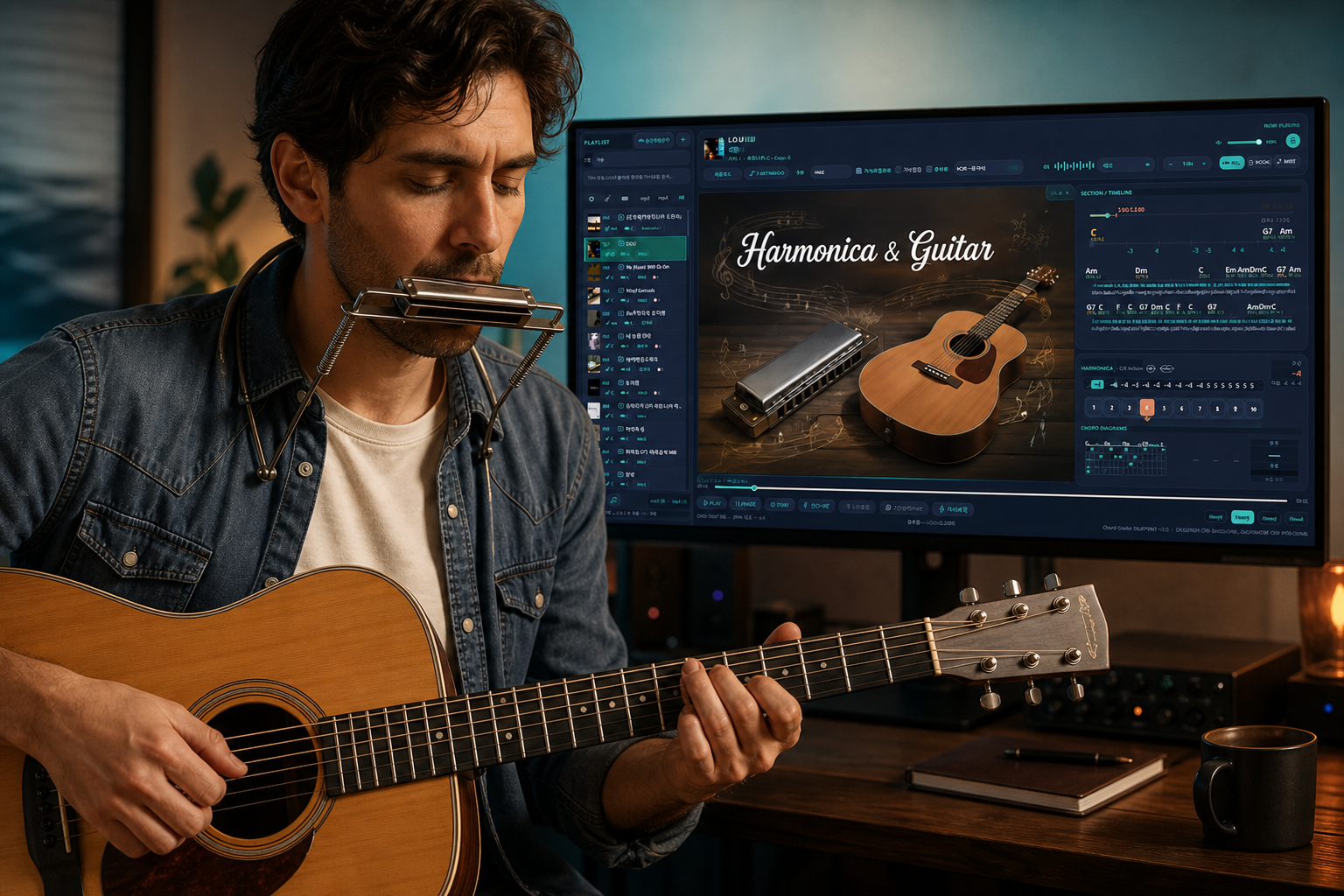Musician practicing with Chord Guide and a neck harmonica holder